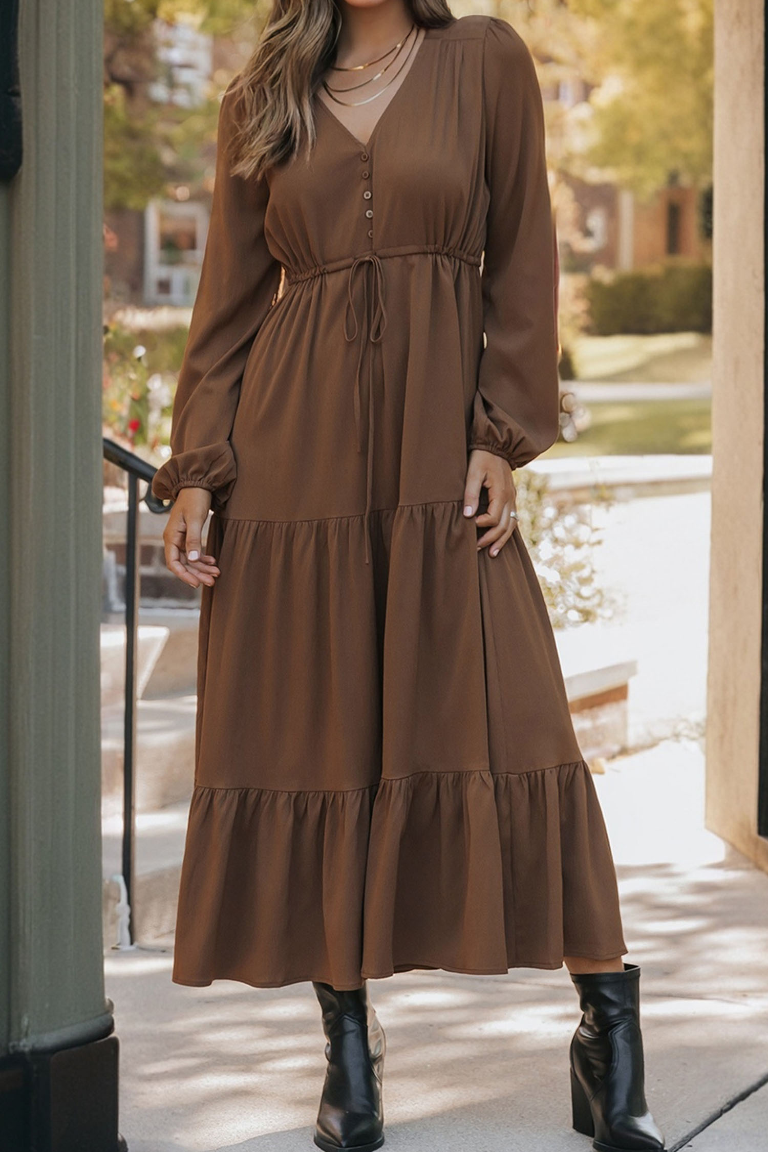 Blackish Green Solid Long Sleeve Button V Neck Tiered Maxi Dress - loveforevers