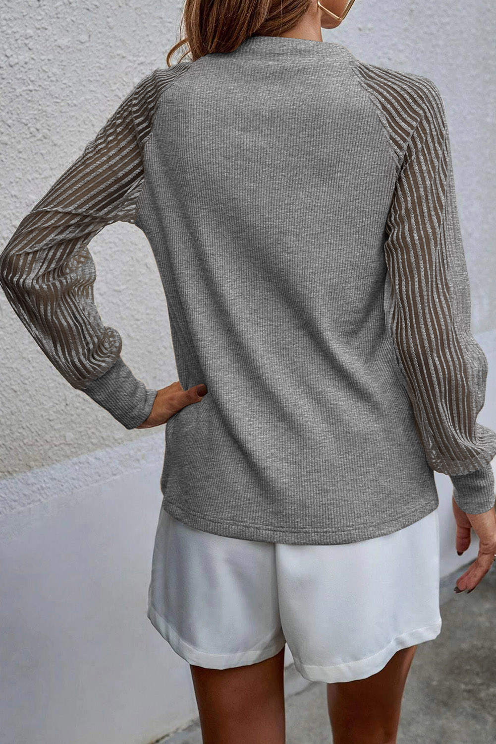 Gray Striped Mesh Long Sleeve Crewneck Ribbed Top - loveforevers