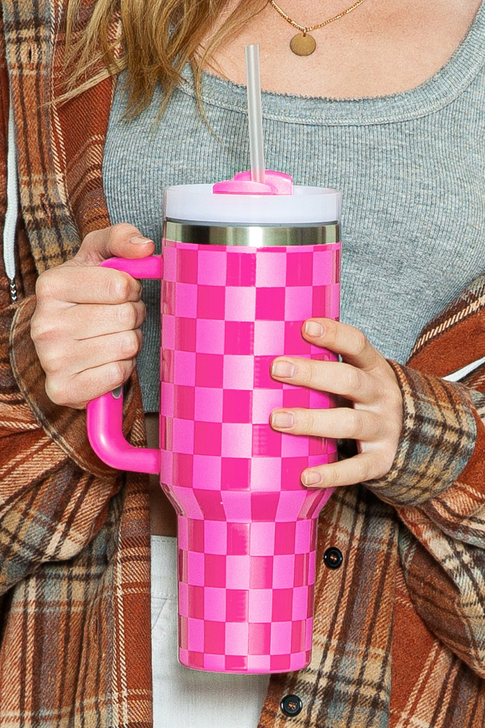 Bright Pink Checkered Print Handled Stainless Steel Tumbler Cup 40oz - loveforevers
