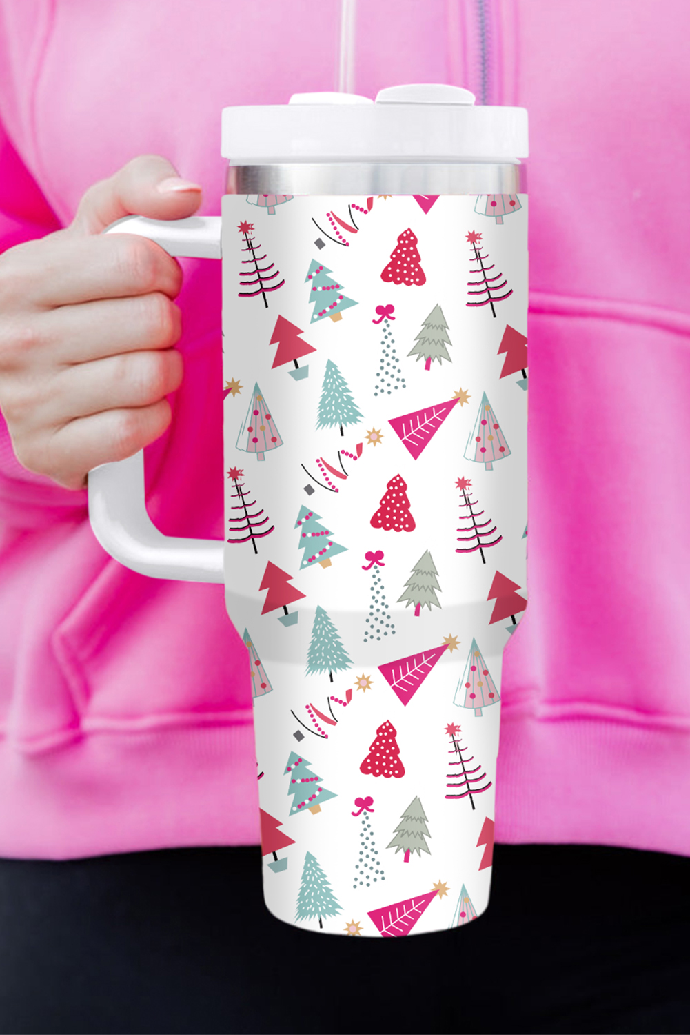 White Cartoon Christmas Tree Printed Thermos Cup 40oz - loveforevers