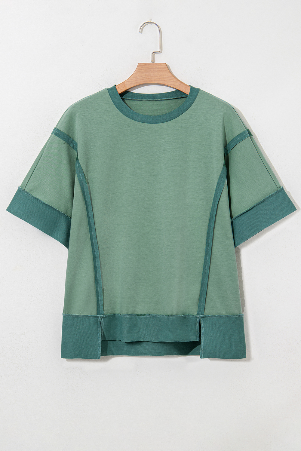 Smoke Green Half Sleeve Raw Seam High Low Side Split Top - loveforevers