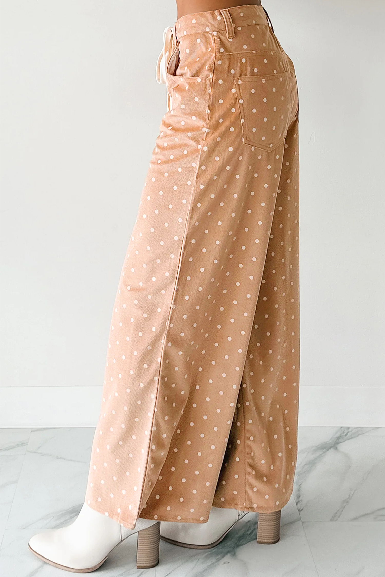 Khaki Polka Dot Print Drawstring Wide Leg Pants - loveforevers