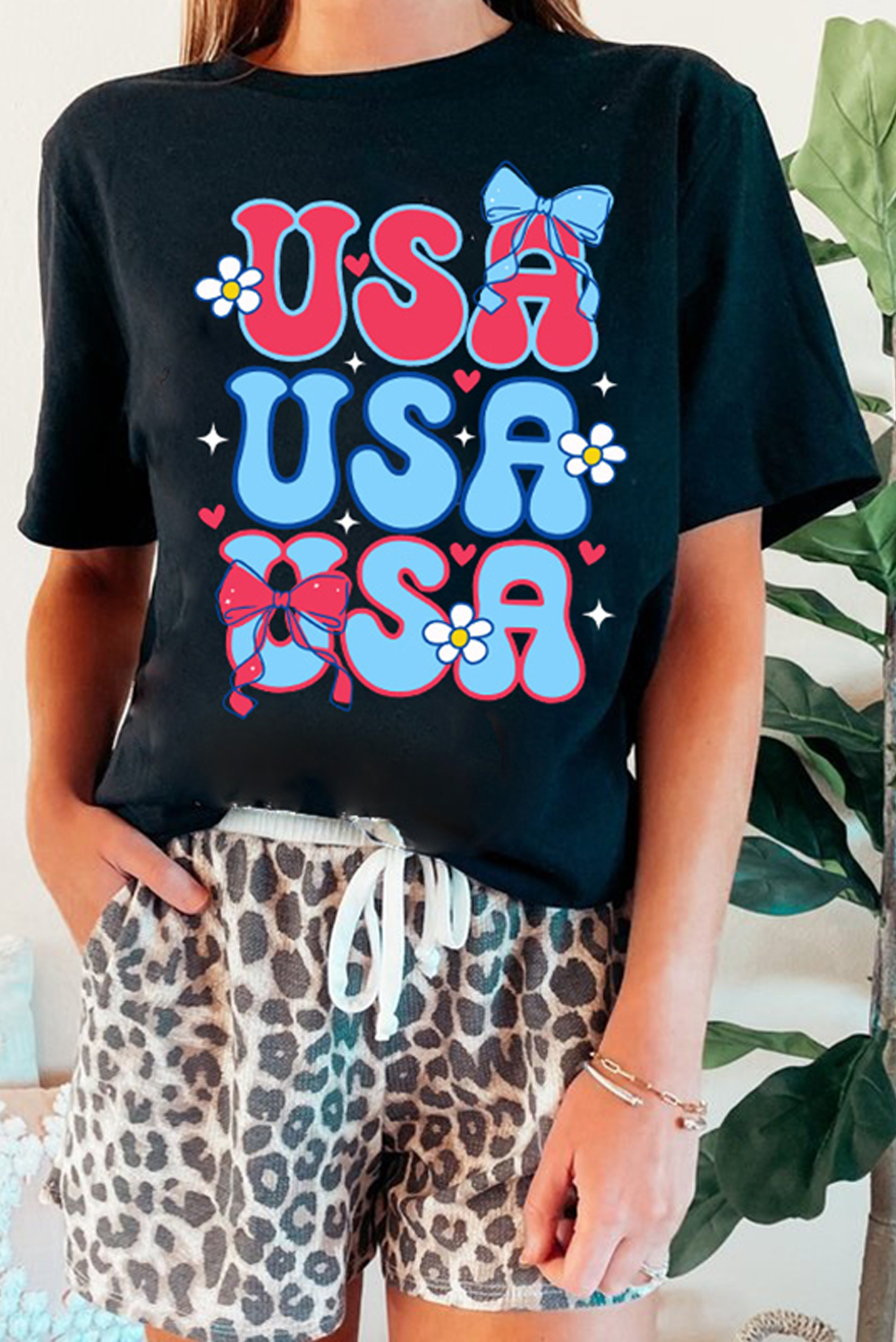 Black July 4th Cute Flower Bow USA Letter Graphic Tee - loveforevers