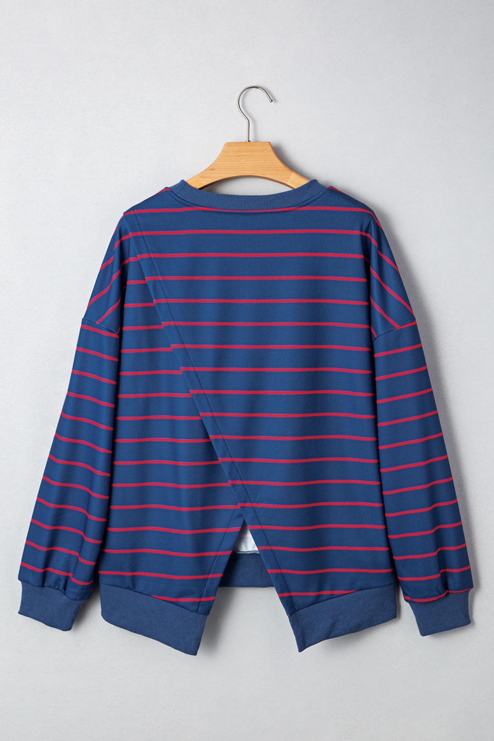 Blue Stripe Stylish Overlap Detail Drop Shoulder Pullover Sweatshirt - loveforevers