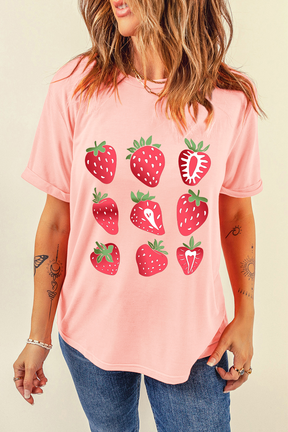 Pink Strawberry Fruit Pattern Graphic Tee - loveforevers