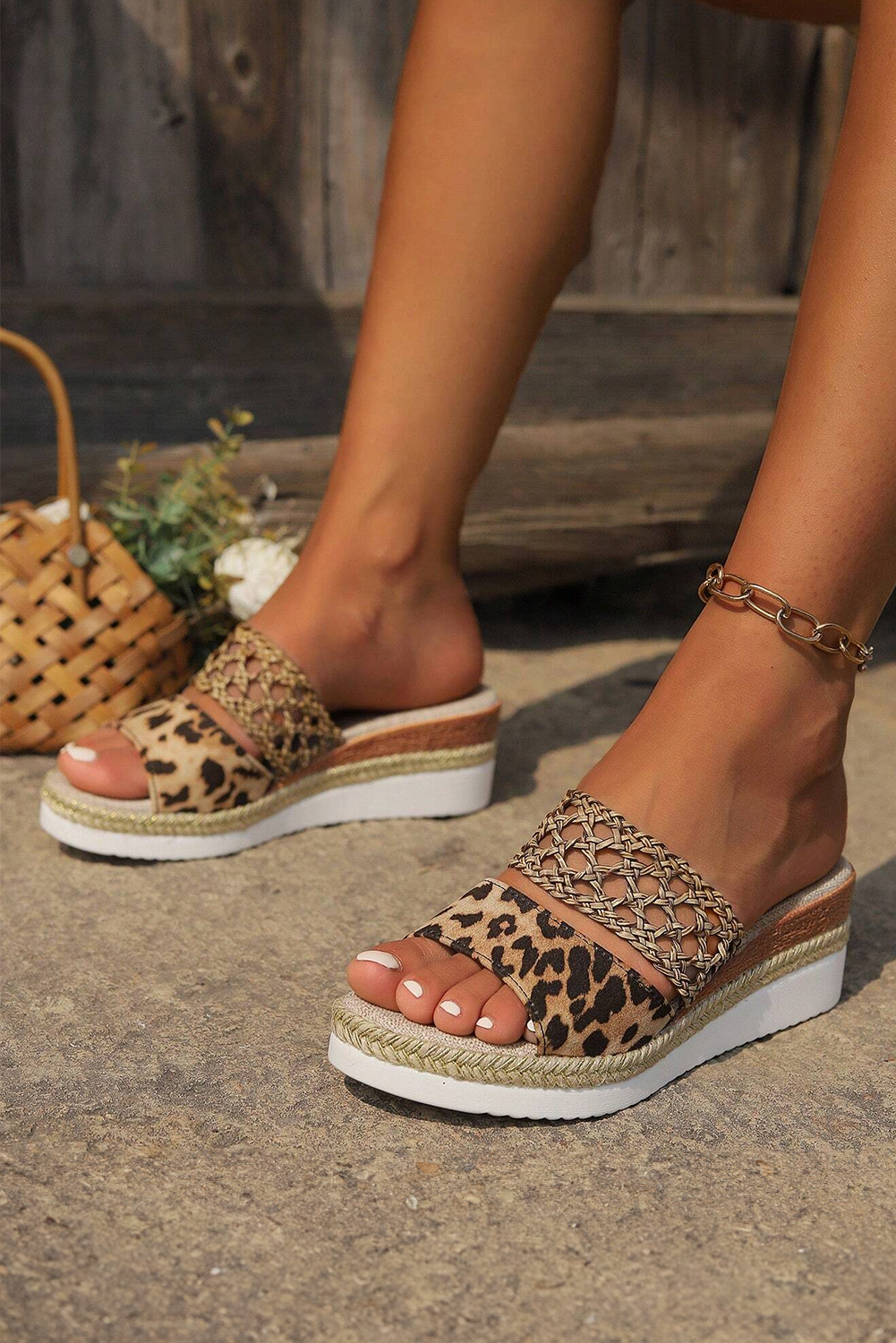 Chestnut Leopard Print Braided Details Wedge Slippers - loveforevers