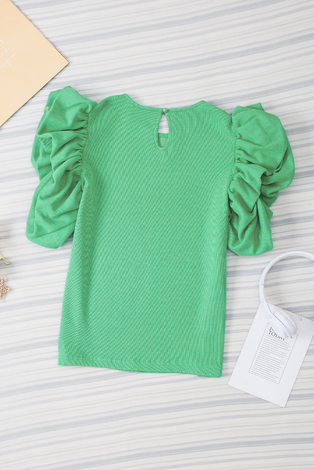 Green Ribbed Knit Puffy Ruffle Sleeve Blouse - loveforevers