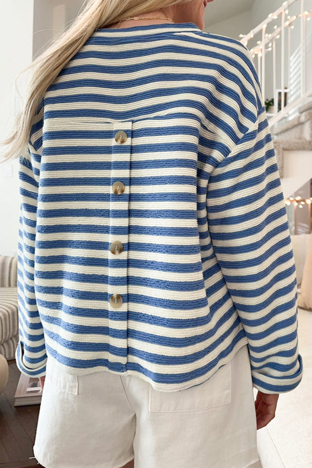 Sky Blue Stripe Chest Pocket Buttoned Back Notched V Neck Top - loveforevers