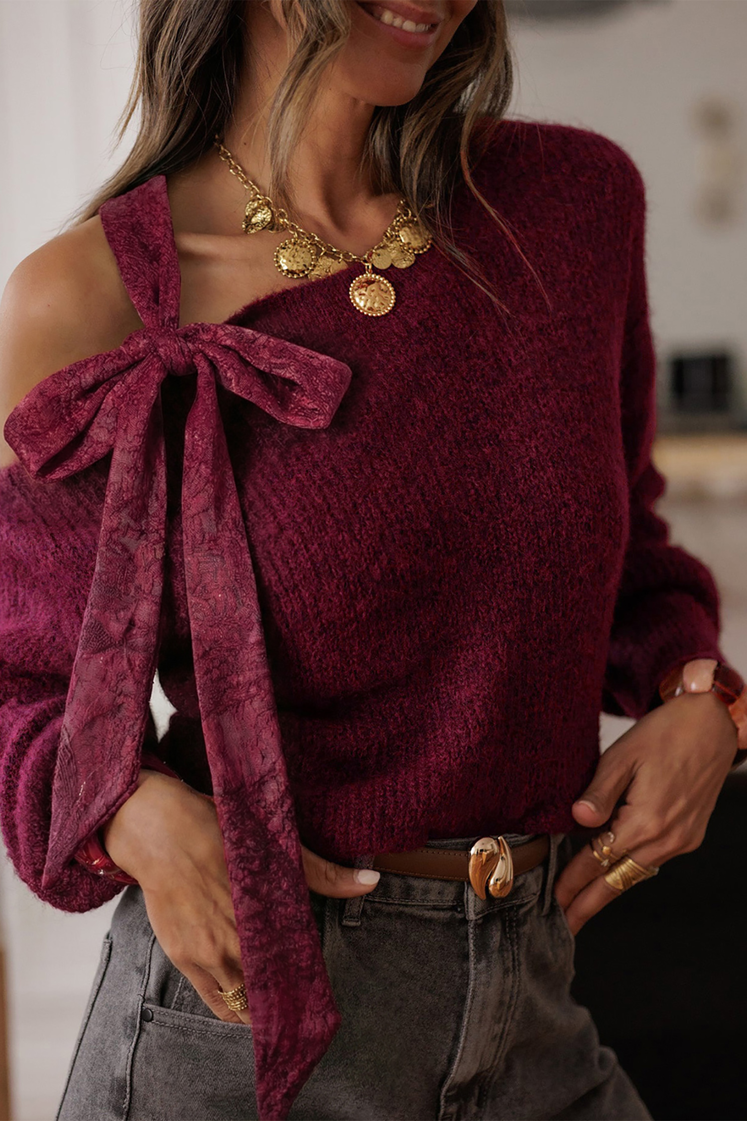 Burgundy Lace Bowknot Asymmetric Neck Sweater - loveforevers