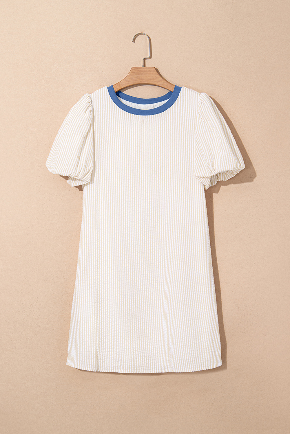 Beige Stripe Seersucker Contrast Round Neck Puff Sleeve T Shirt Dress - loveforevers