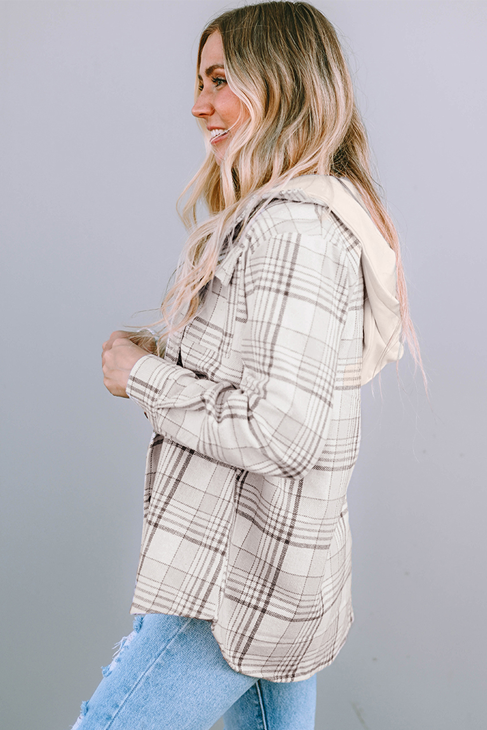 Khaki Plaid Removable Hood Buttoned Shacket - loveforevers
