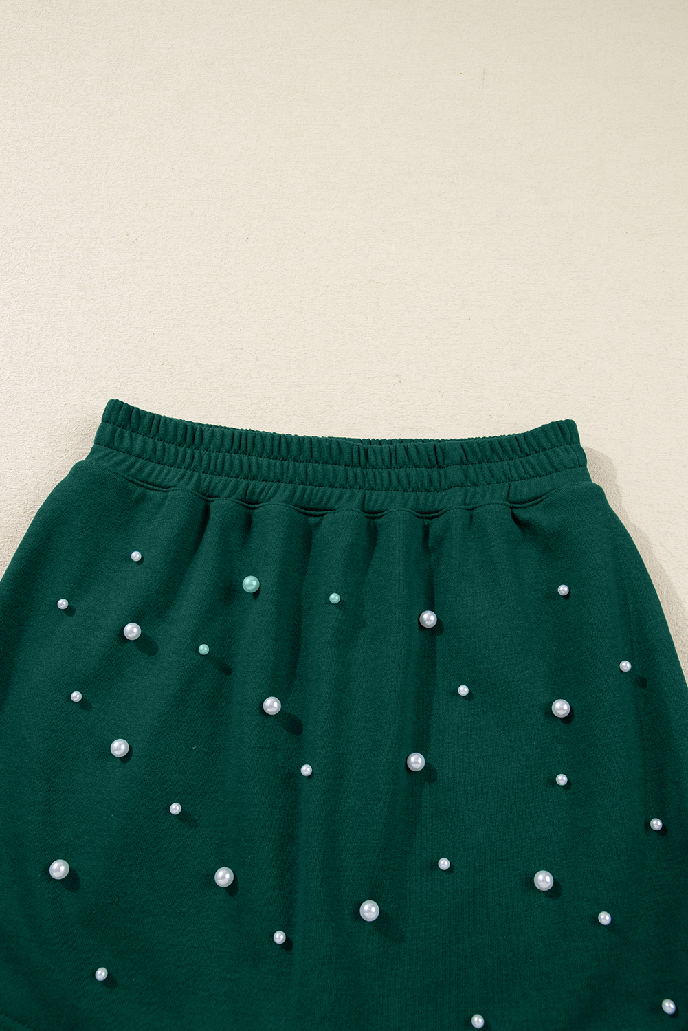 Dark Green Pearl Embellished Drop Shoulder Pullover Elastic Waist Mini Skirt Set - loveforevers
