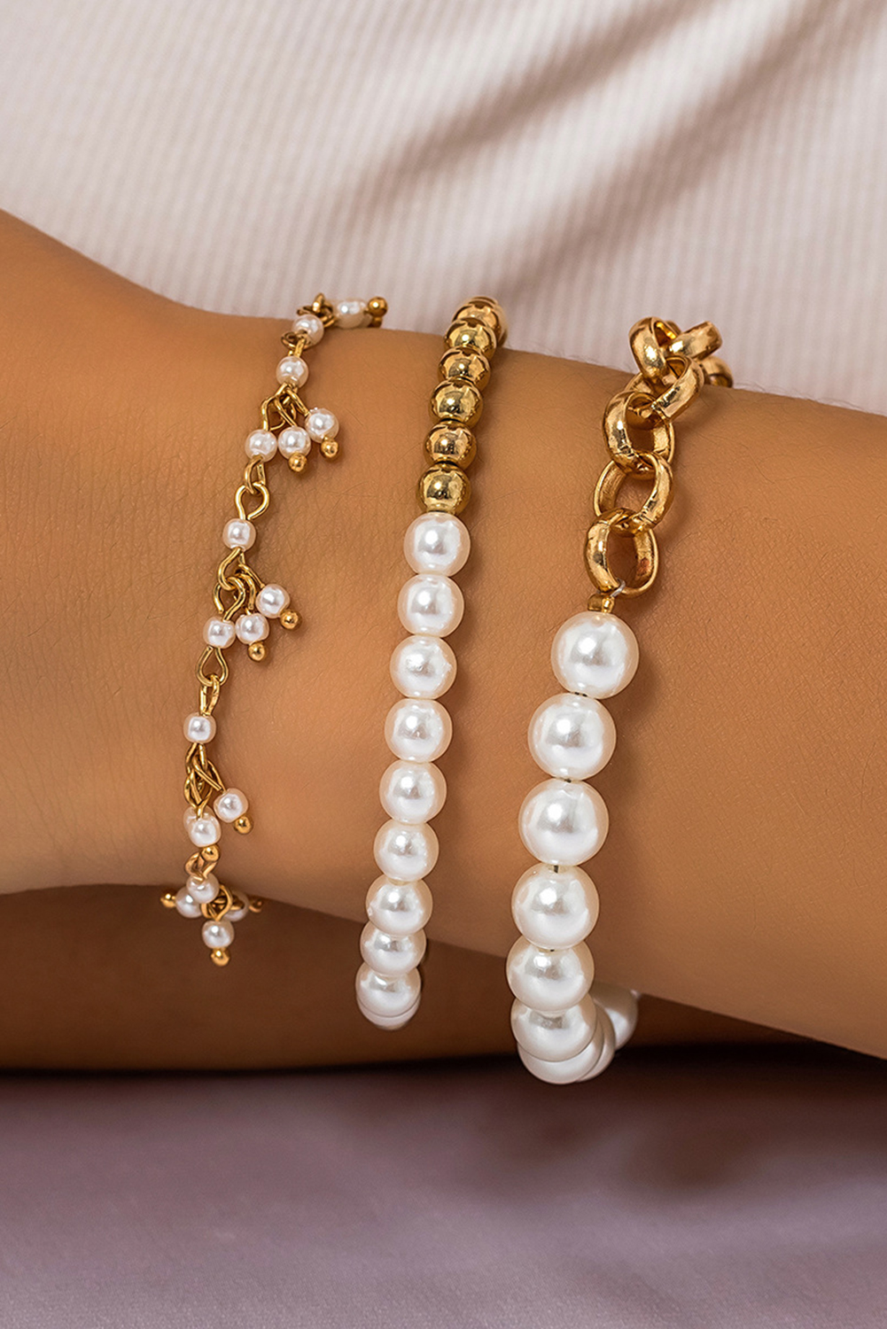 Gold 3pcs Pearl Plated Alloy Beaded Bracelet Set - loveforevers