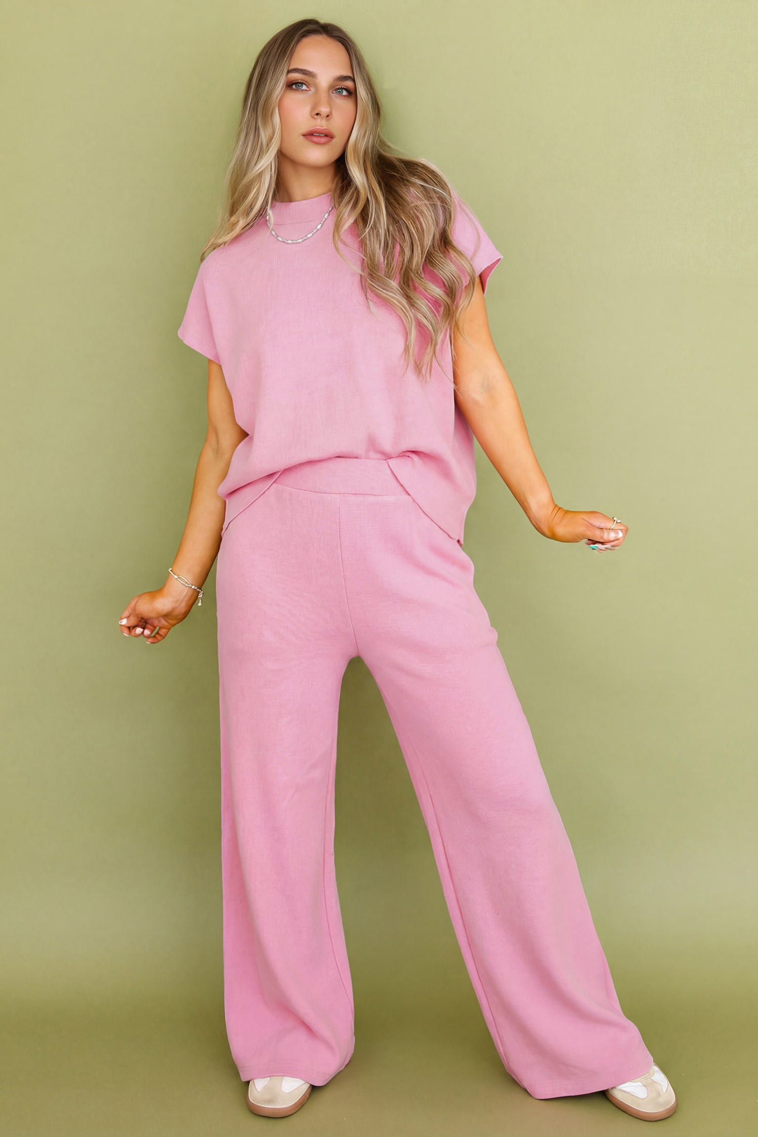 Pink Textured Knit High Neck Loose Tee Elastic Waist Loose Pant Set - loveforevers