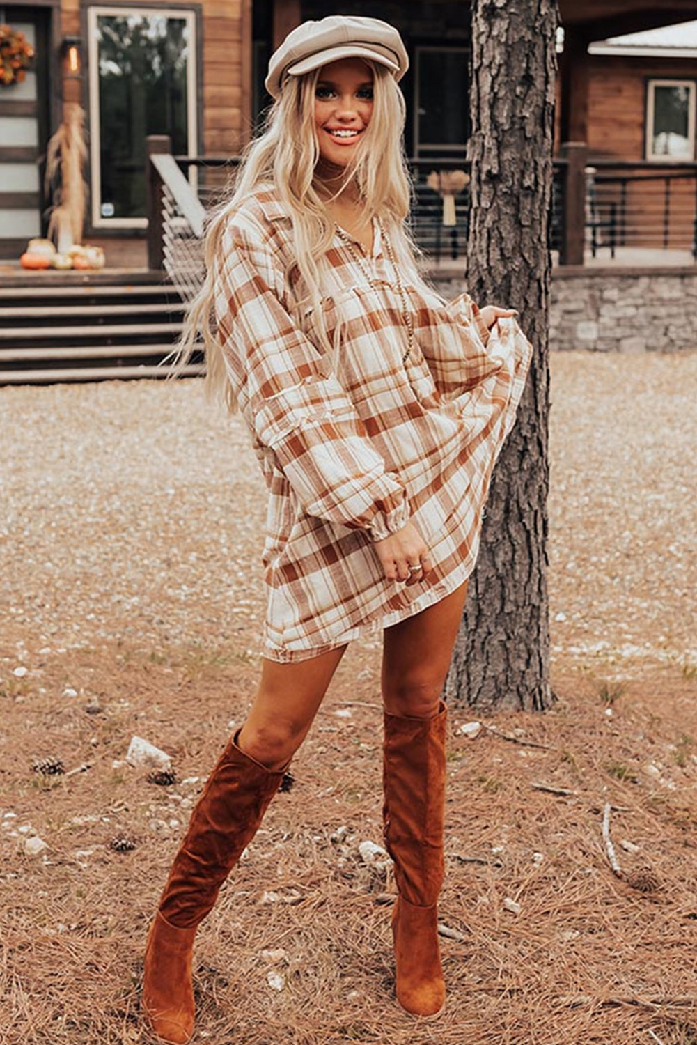 Brown Plaid Print Side Pockets Frilled Babydoll Mini Dress - loveforevers