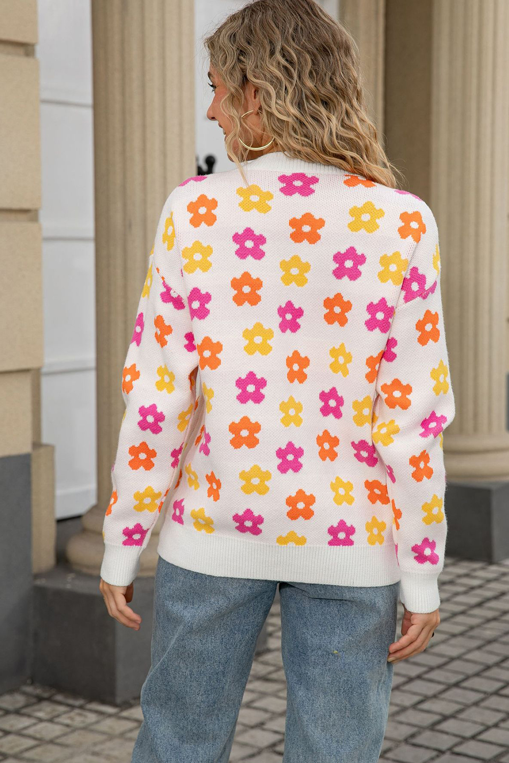 Apricot Cute Flower Allover Ribbed Trimmed Drop Shoulder Pullover Sweater - loveforevers