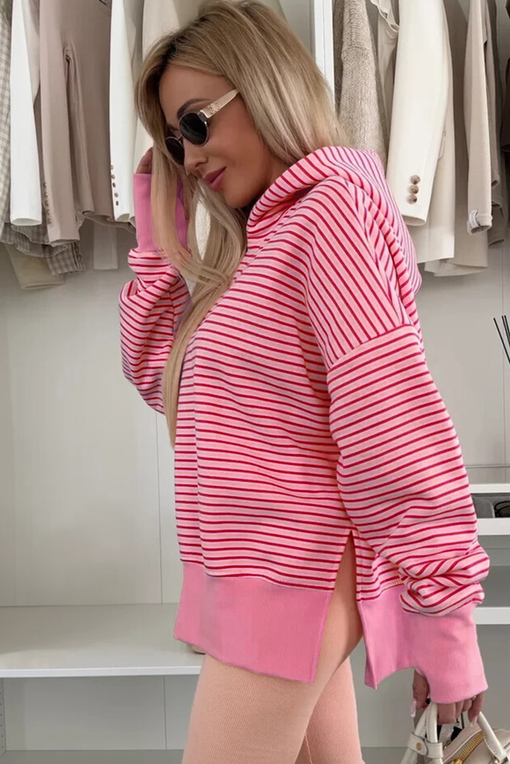Purple Stripe Thumbhole Side Slits Drop Shoulder Loose Fit Hoodie - loveforevers