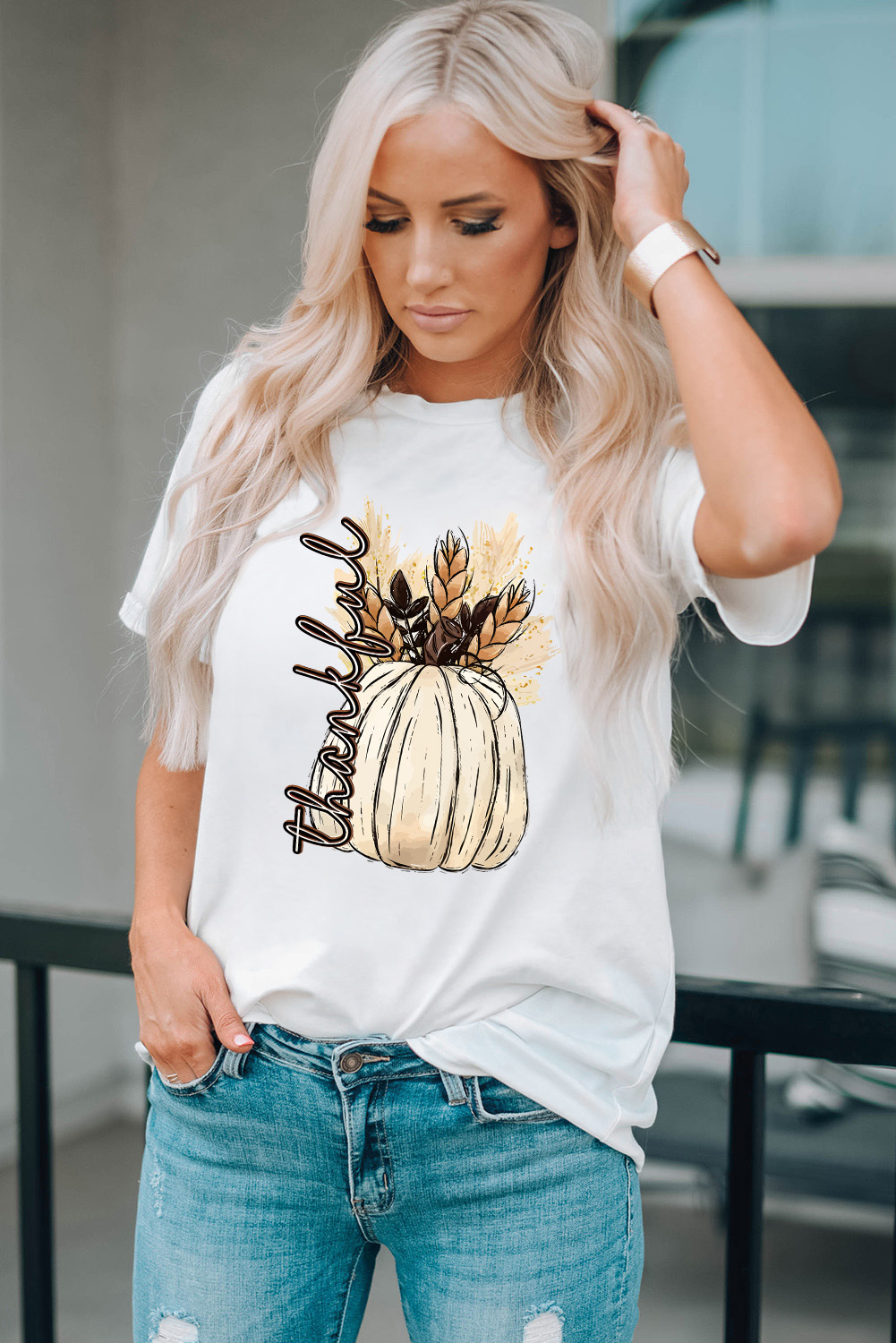 White Harvest Pumpkin Graphic Thanksgiving Tee - loveforevers