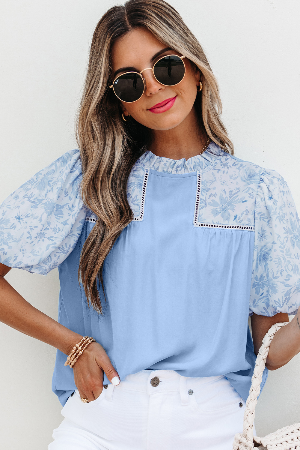 Beau Blue Lace Insert Floral Puff Sleeve Patchwork Loose Blouse - loveforevers