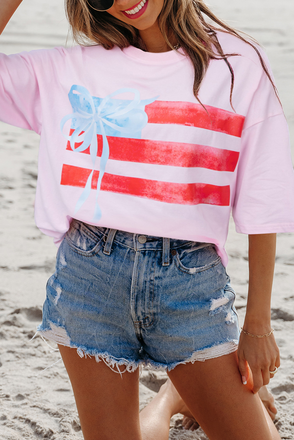 Myosotis Flag Bow Graphic Crewneck Tee - loveforevers