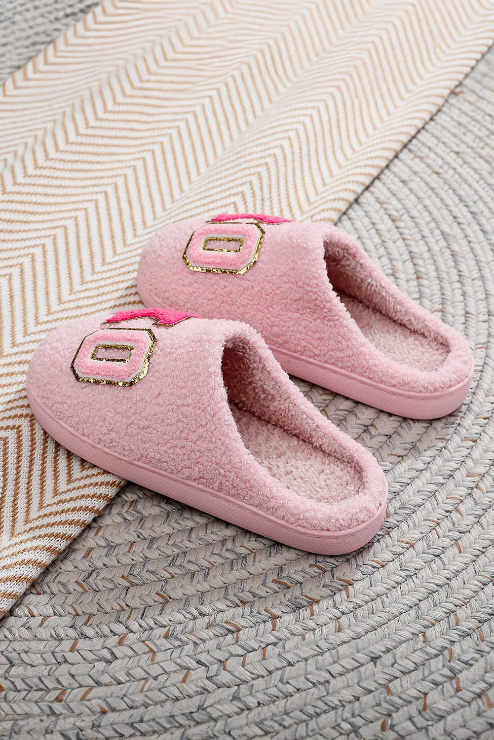 White XO XO Glitter Trim Letter Patched Plush House Slippers - loveforevers