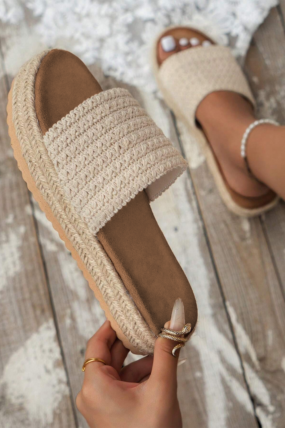White Boho Woven Non-slip Wedge Slippers - loveforevers