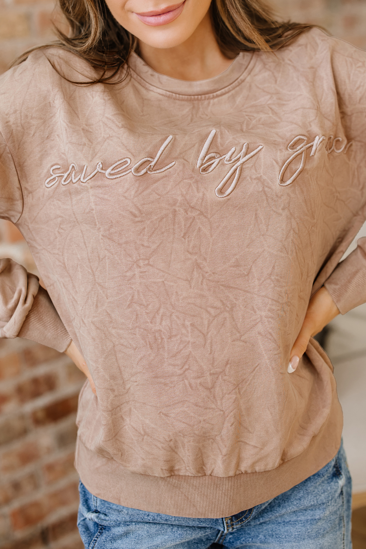 DUNE saved by grace Letter Embroidery Mineral Wash Loose Sweatshirt - loveforevers