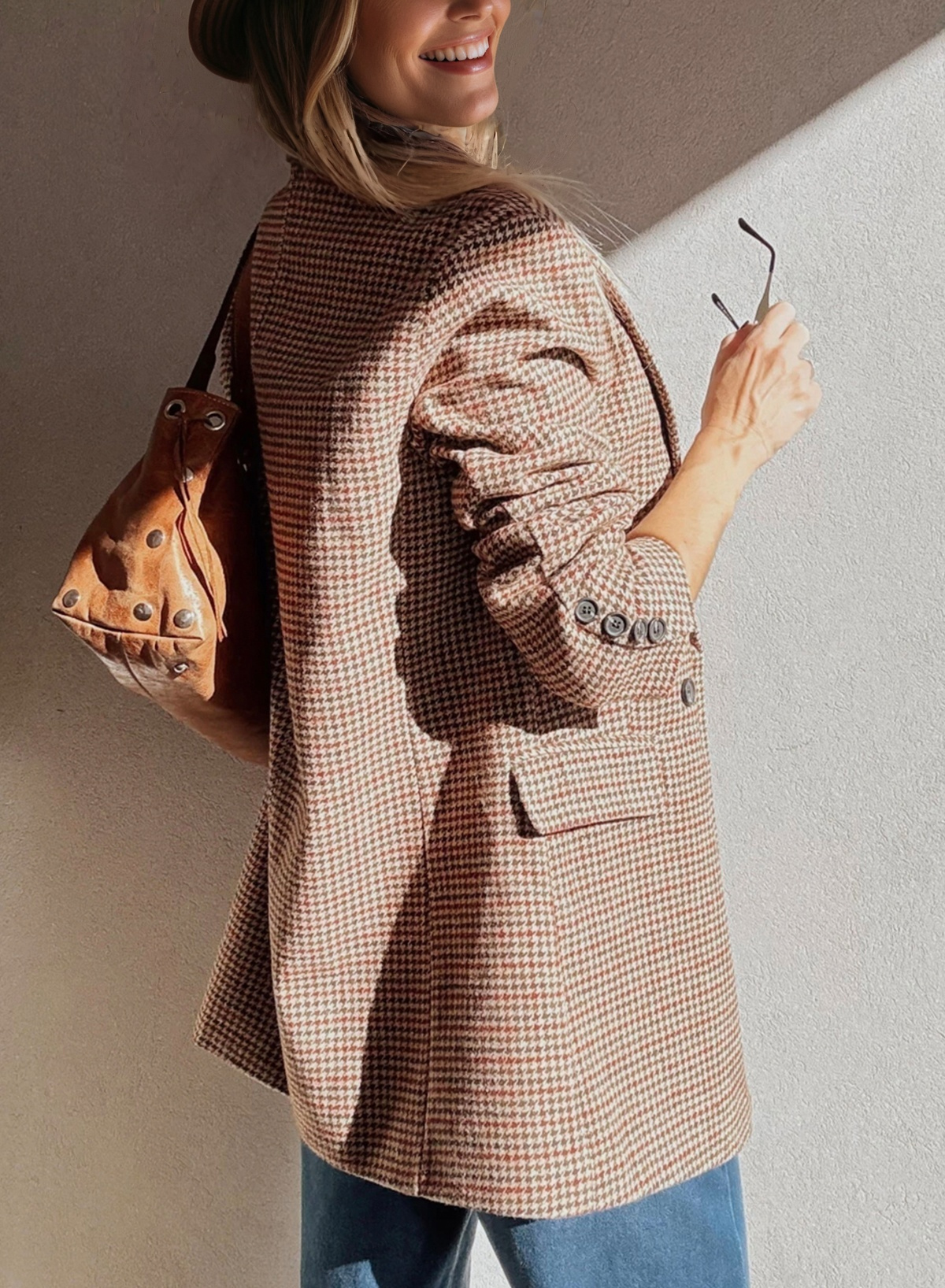 Brown Houndstooth Lapel Collar Blazer - loveforevers