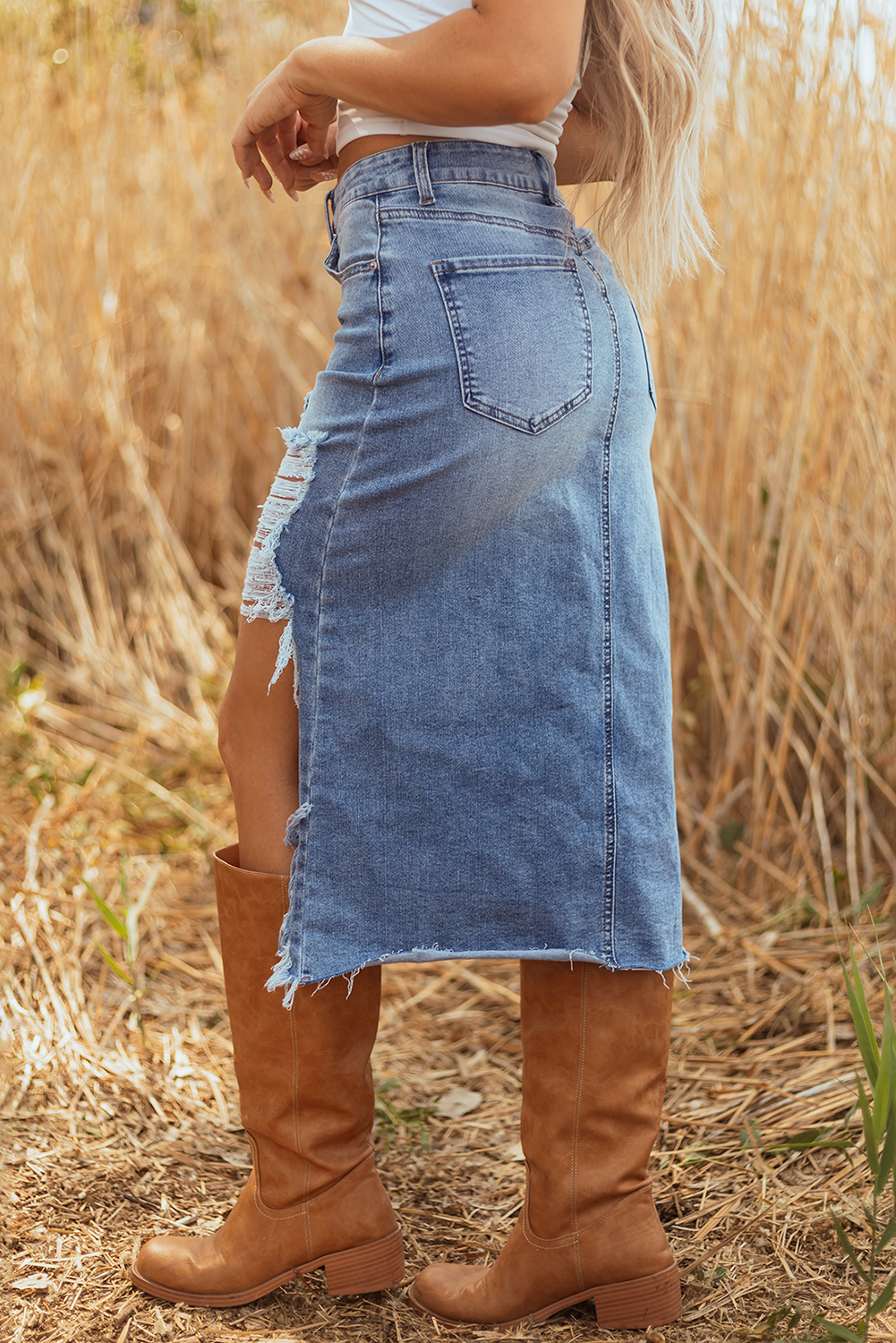 Sail Blue Dearlove Irregular Distressed Bottom Denim Midi Skirt - loveforevers
