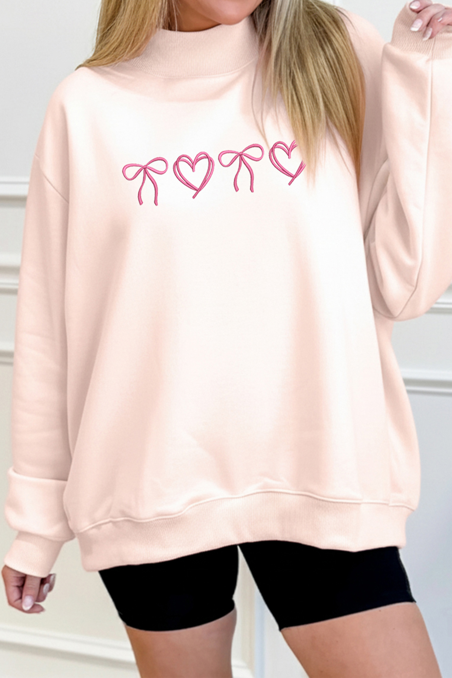 Apricot Pink Valentines Bow Heart Embroidered Mock Neck Sweatshirt - loveforevers