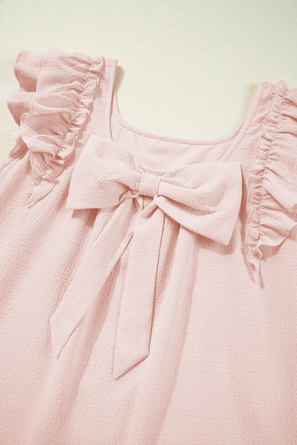 Beau Blue Textured Bow Knot Frilled Butterfly Sleeve Blouse - loveforevers