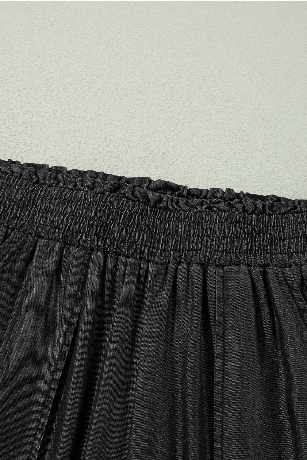 Black Side Pockets Frilled Smocked High Waist Wide Leg Jeans - loveforevers