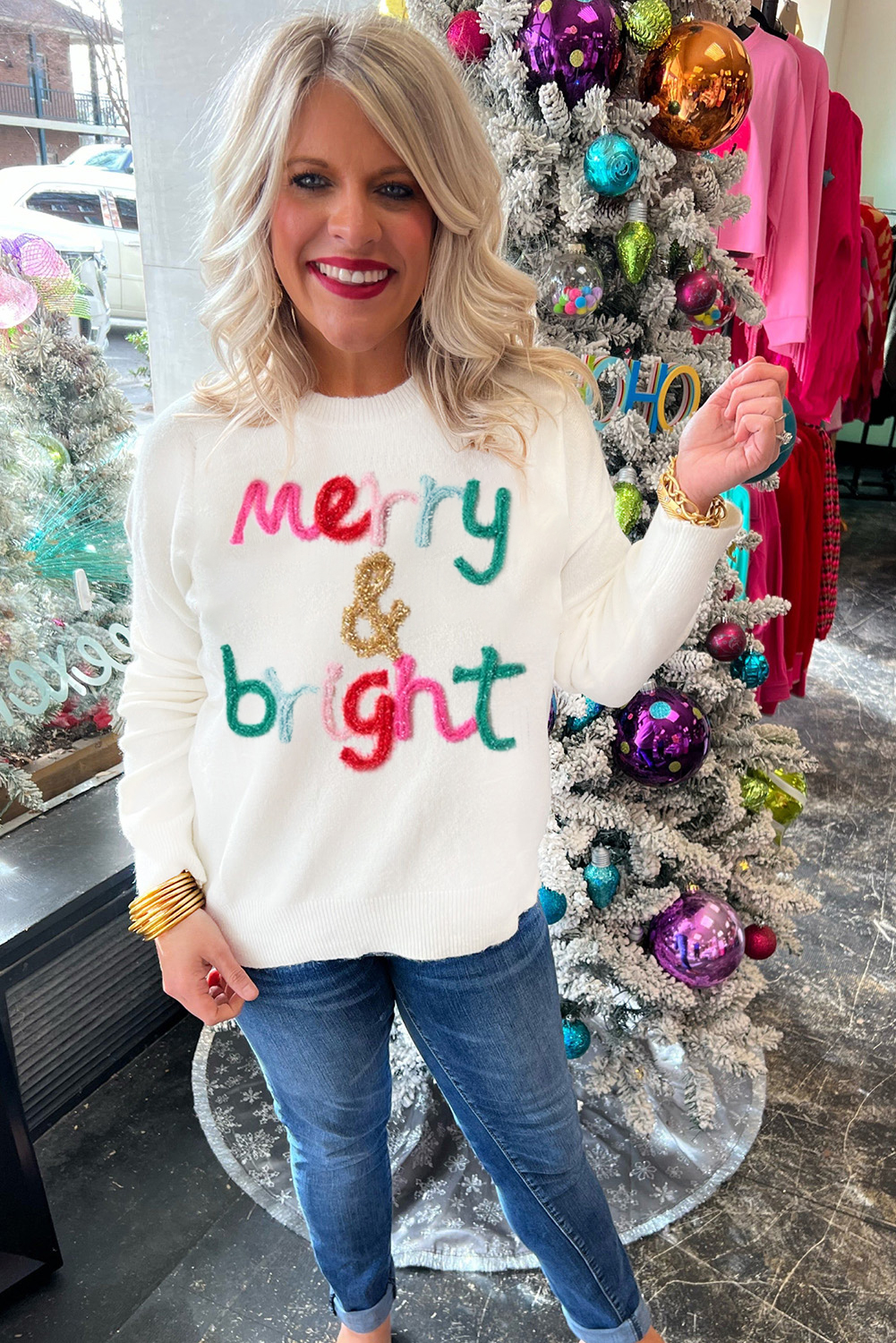 White Merry & Bright Round Neck Casual Sweater - loveforevers
