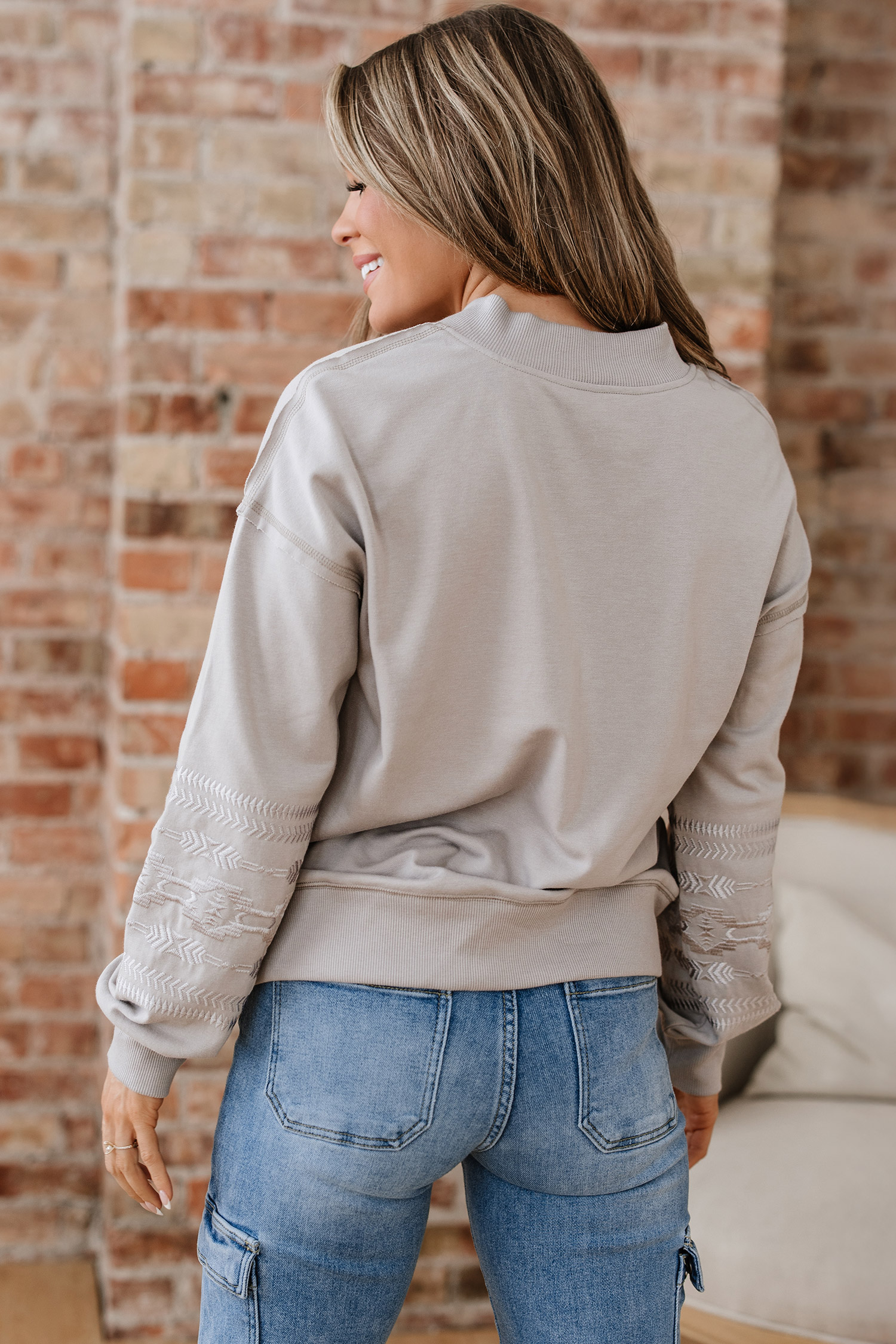 Parchment Aztec Embroidered Western V Neck Sweatshirt - loveforevers