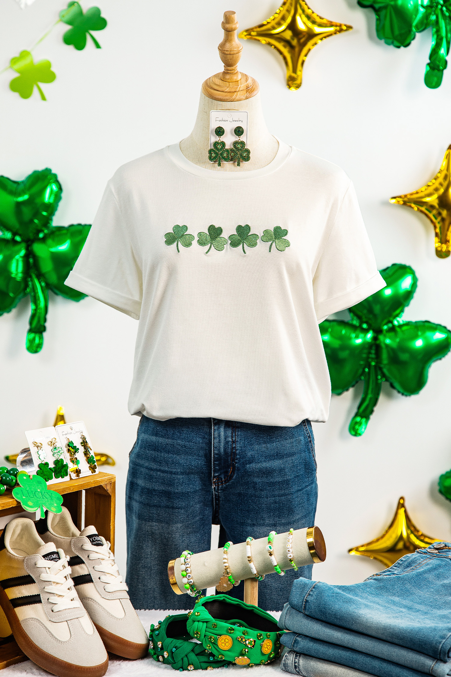 White Embroidered Clover St Patricks Fashion Graphic Tee - loveforevers