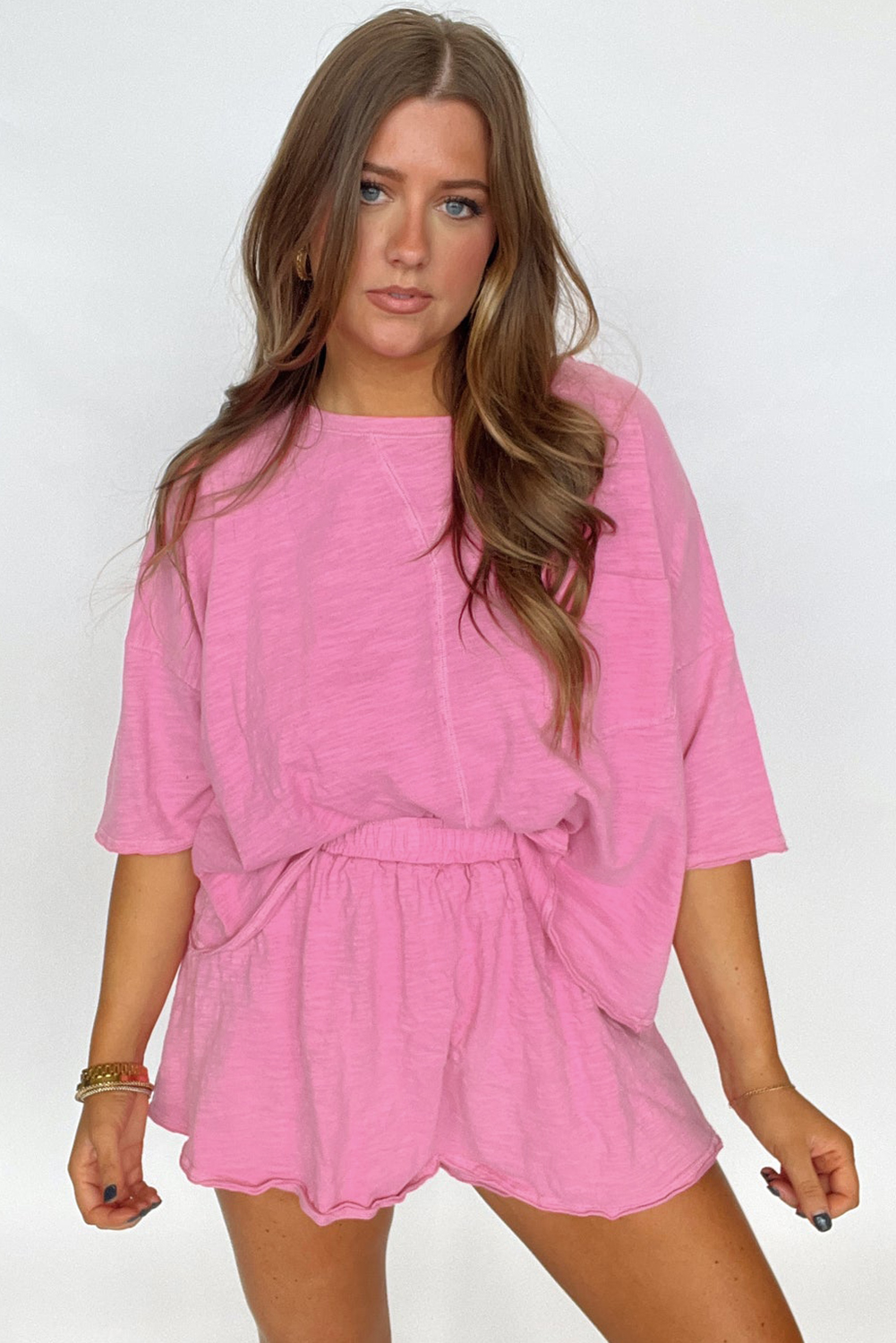Sachet Pink Loose Fit Half Sleeve T Shirt and High Waist Skirt Set - loveforevers