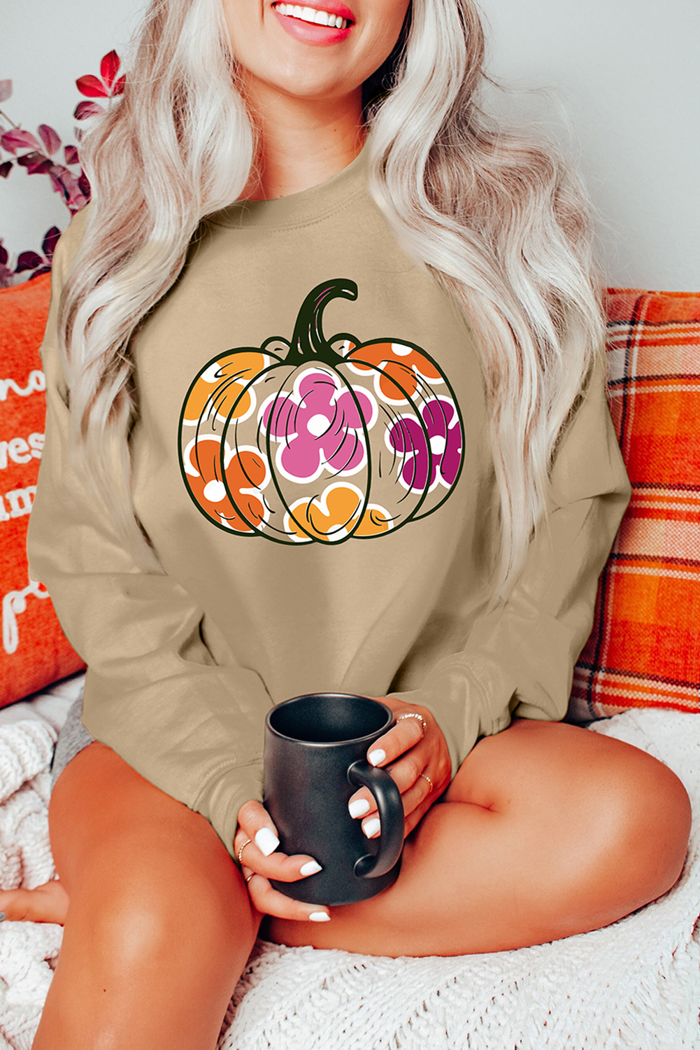 Khaki Halloween Floral Pumpkin Graphic Drop Shoulder Sweatshirt - loveforevers
