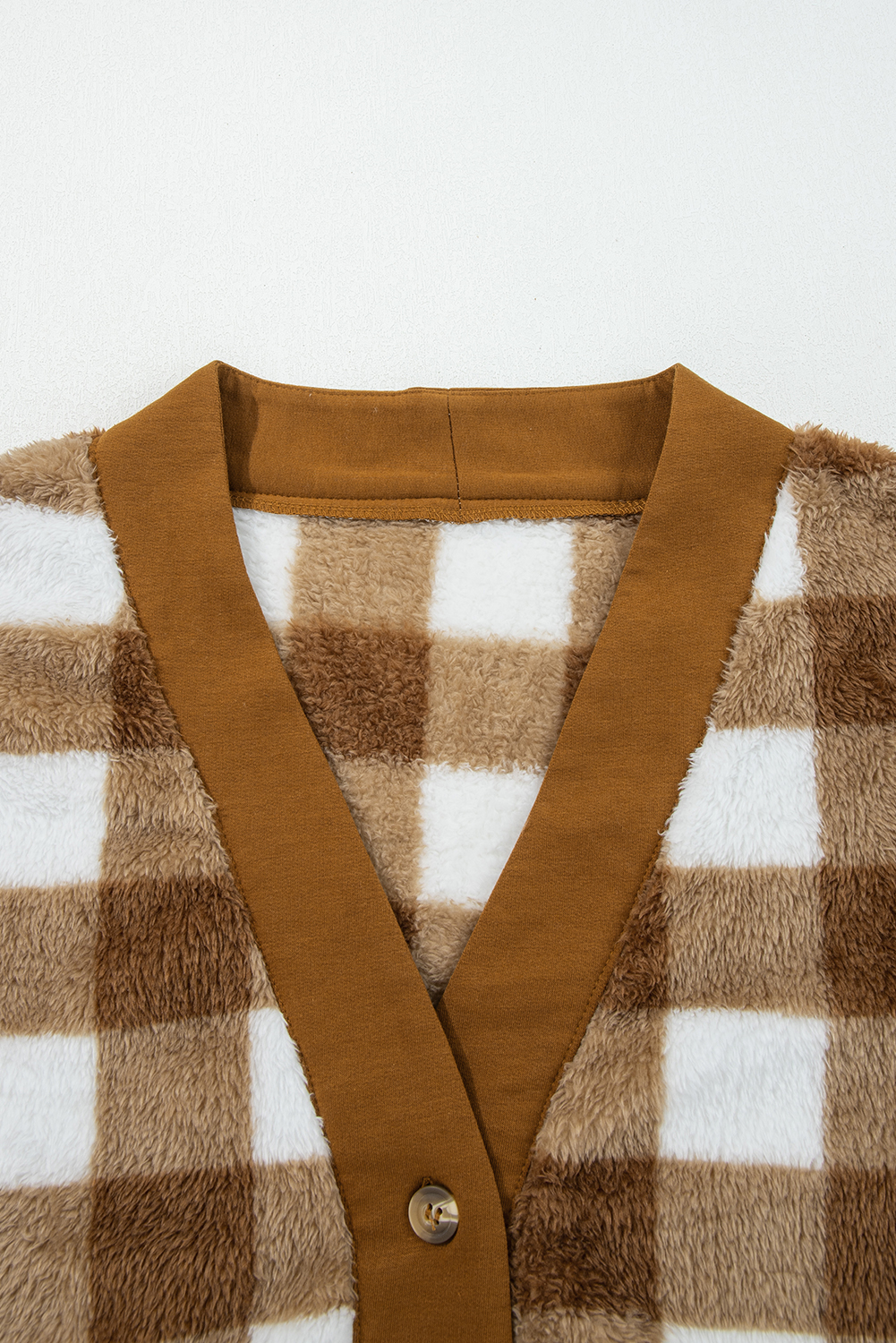 Brown Checkered Sherpa Loose Knit Cardigan with Pockets - loveforevers