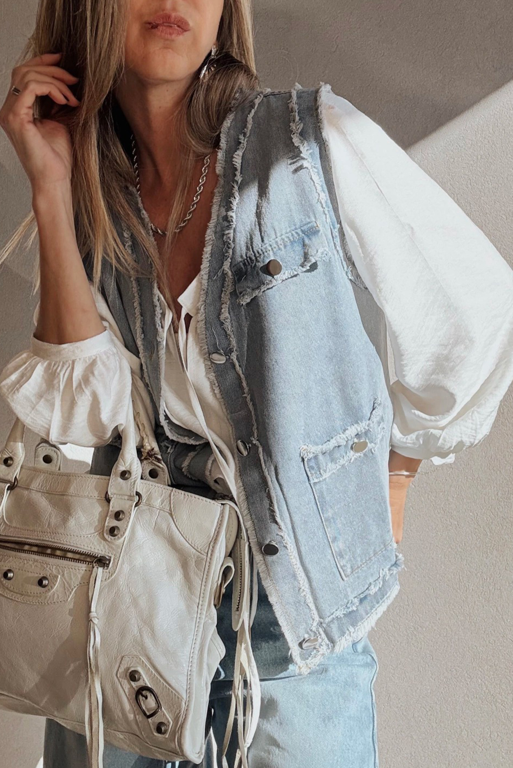 Beau Blue Frayed Edge Flap Pockets Denim Vest Jacket - loveforevers