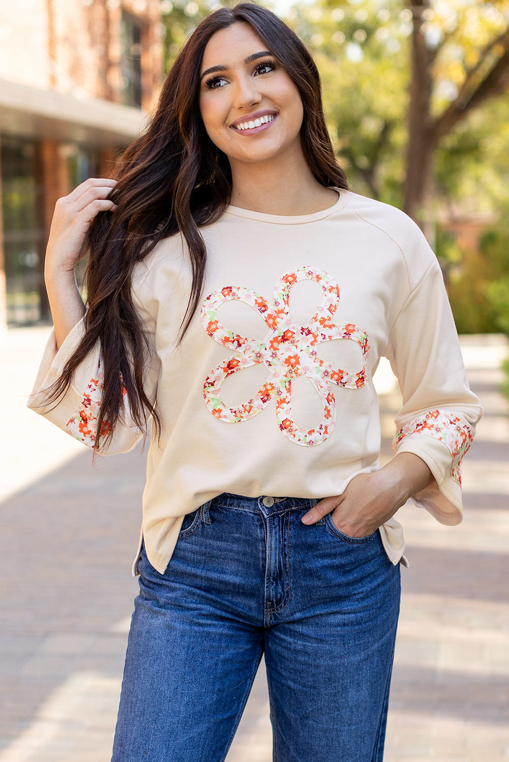 Beige Flower Patch Graphic Exposed Seam Wide Sleeve Top - loveforevers