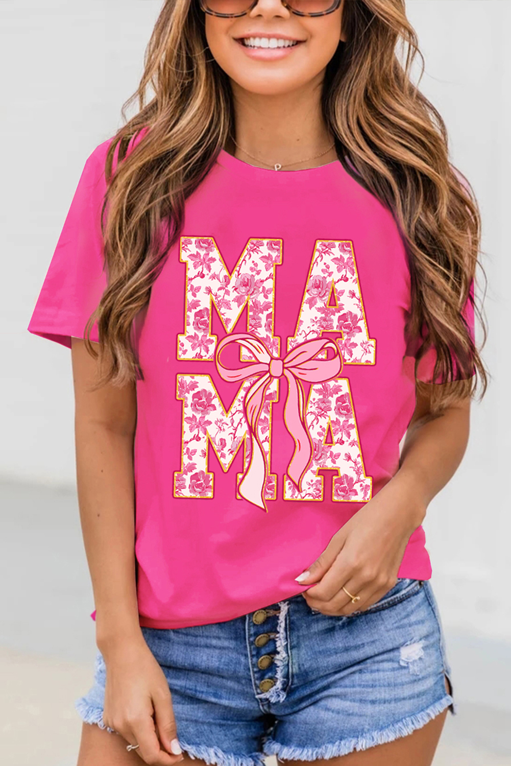Rose Red Floral MAMA Lettering Bow Print T Shirt - loveforevers