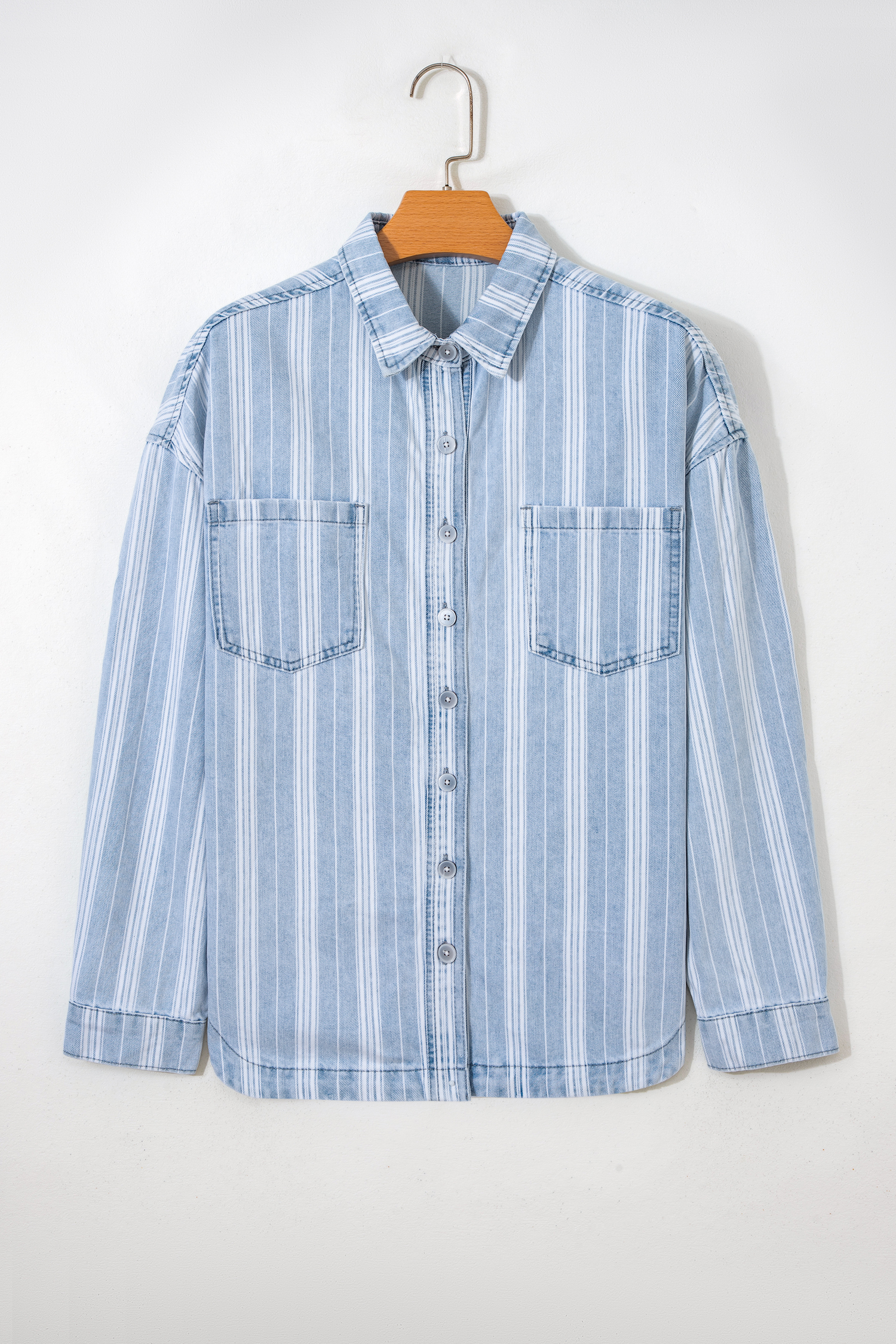 Sky Blue Stripe Boyfriend Chest Pocket Classic Denim Shacket - loveforevers