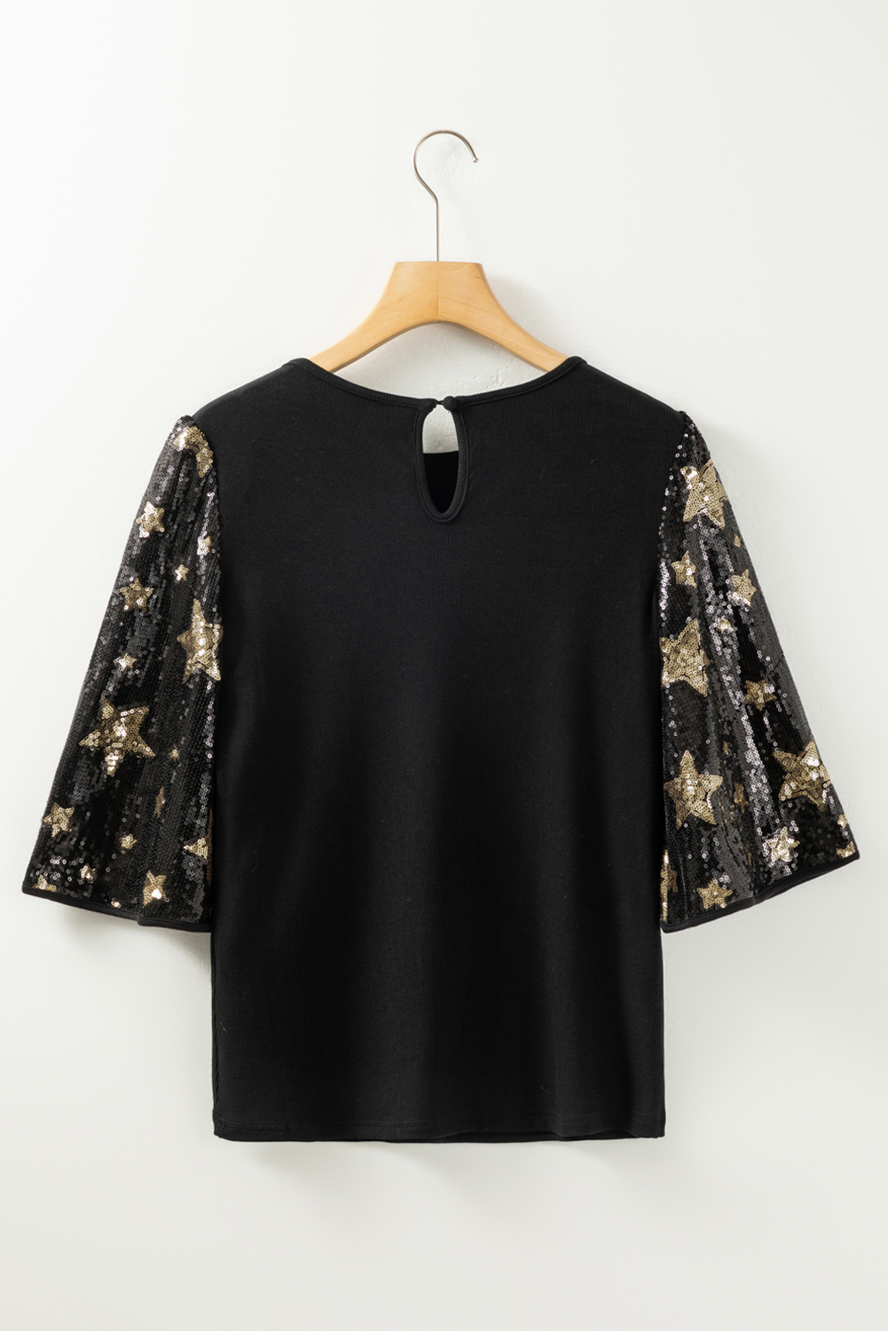 Black Star Sequin Splicing Half Sleeve Top - loveforevers