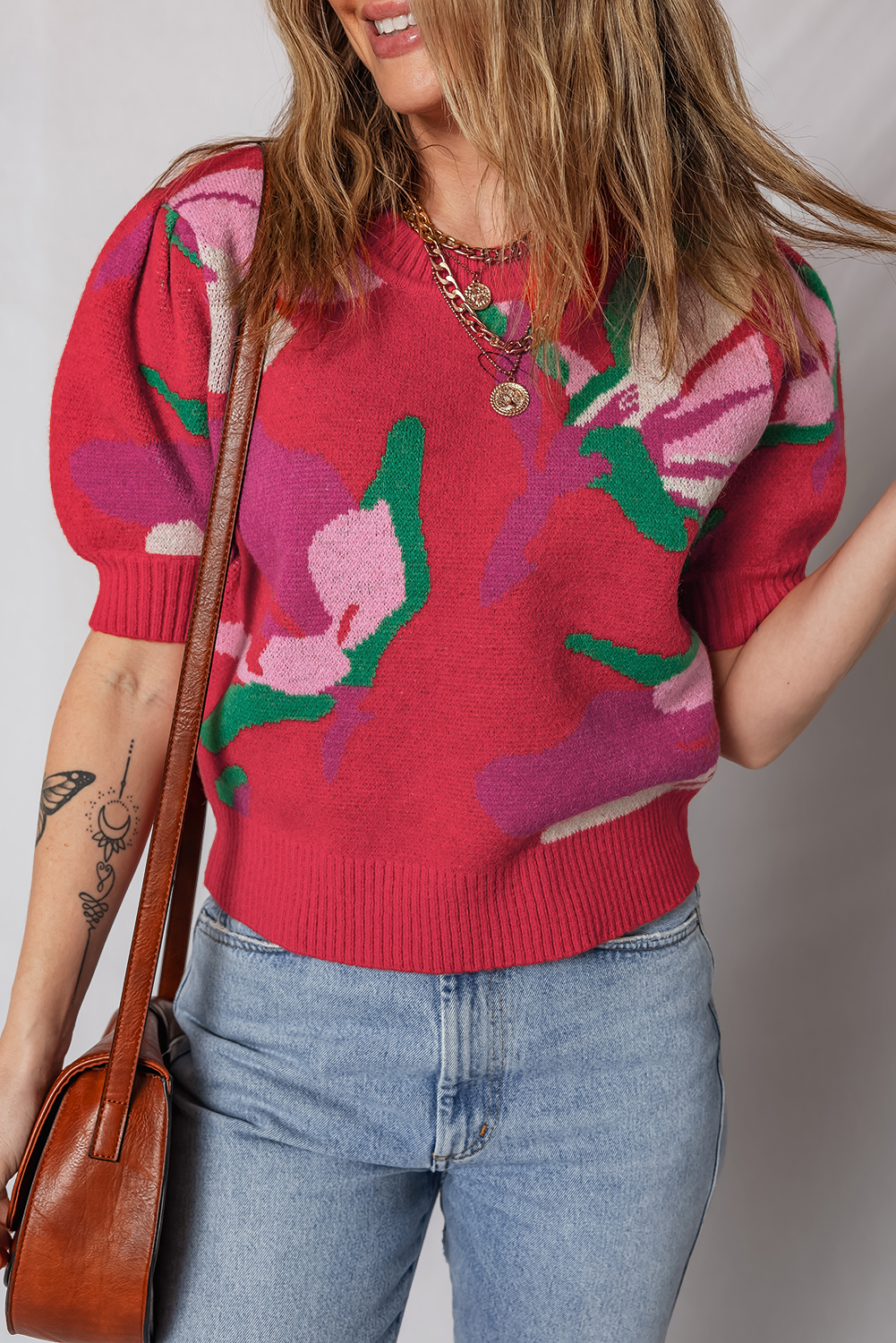 Red Floral Abstract Print Short Puff Sleeve Sweater - loveforevers