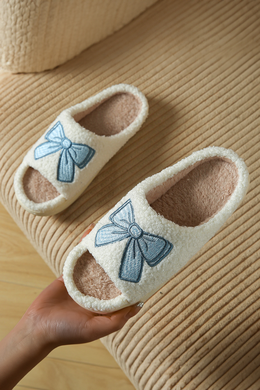 Light Blue Bow Embroidered Open Toe Plush Slippers - loveforevers