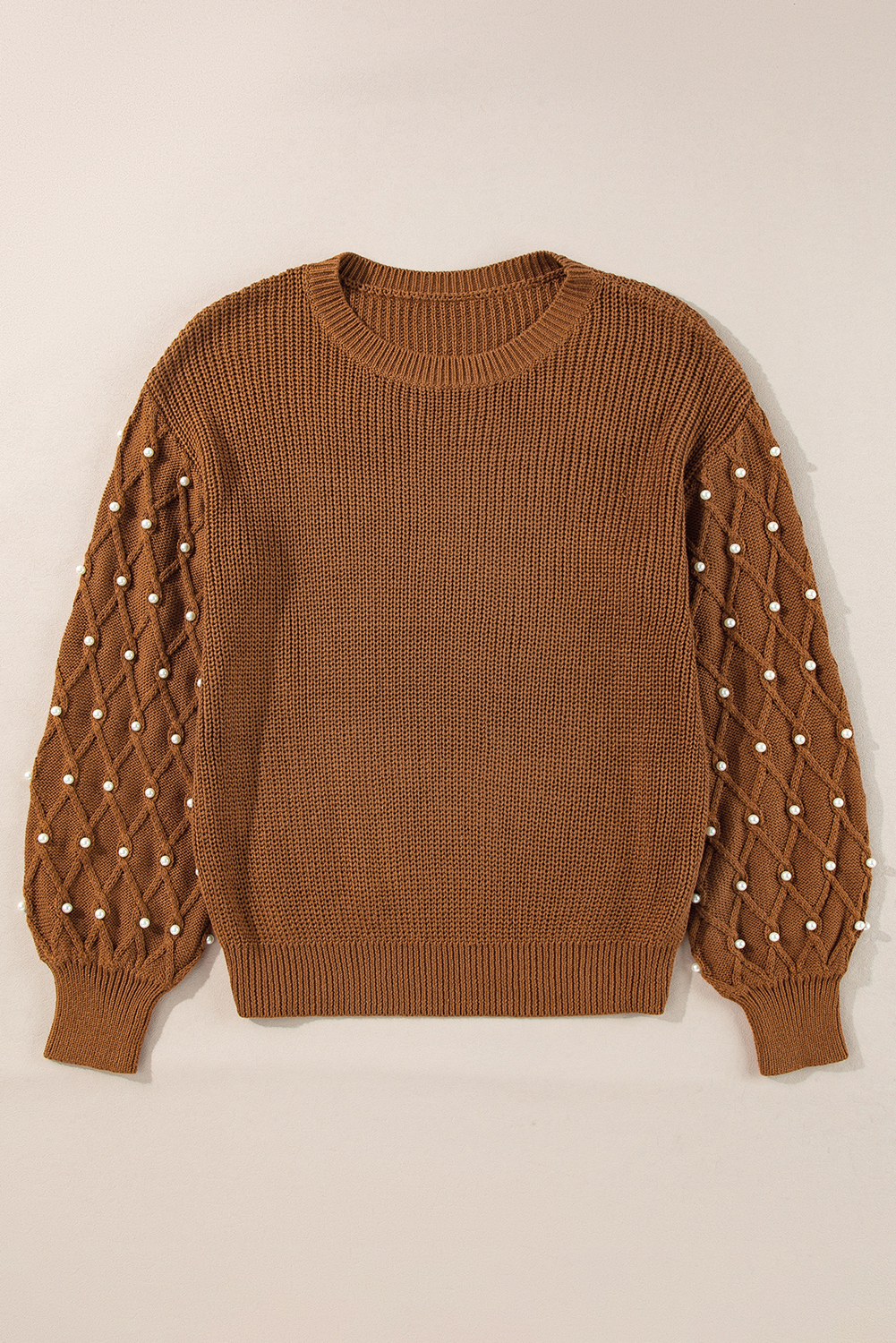 Chestnut Beaded Drop Shoulder Round Neck Sweater - loveforevers