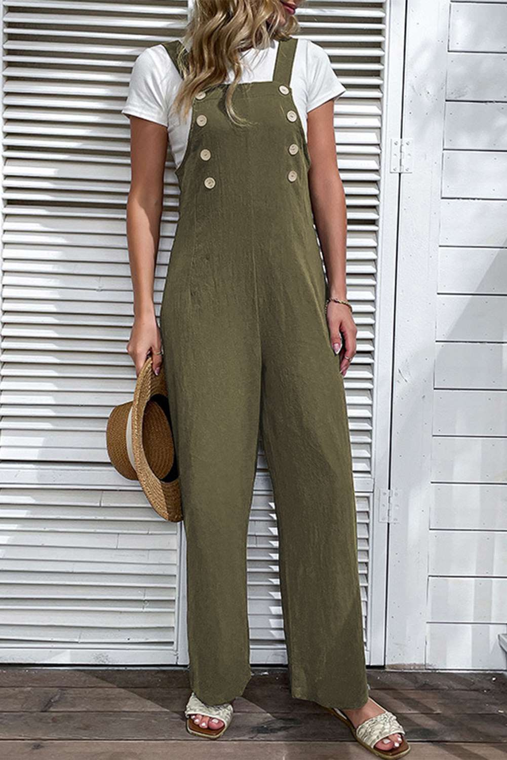 Jungle Green Solid Color Buttoned Straight Leg Overall - loveforevers