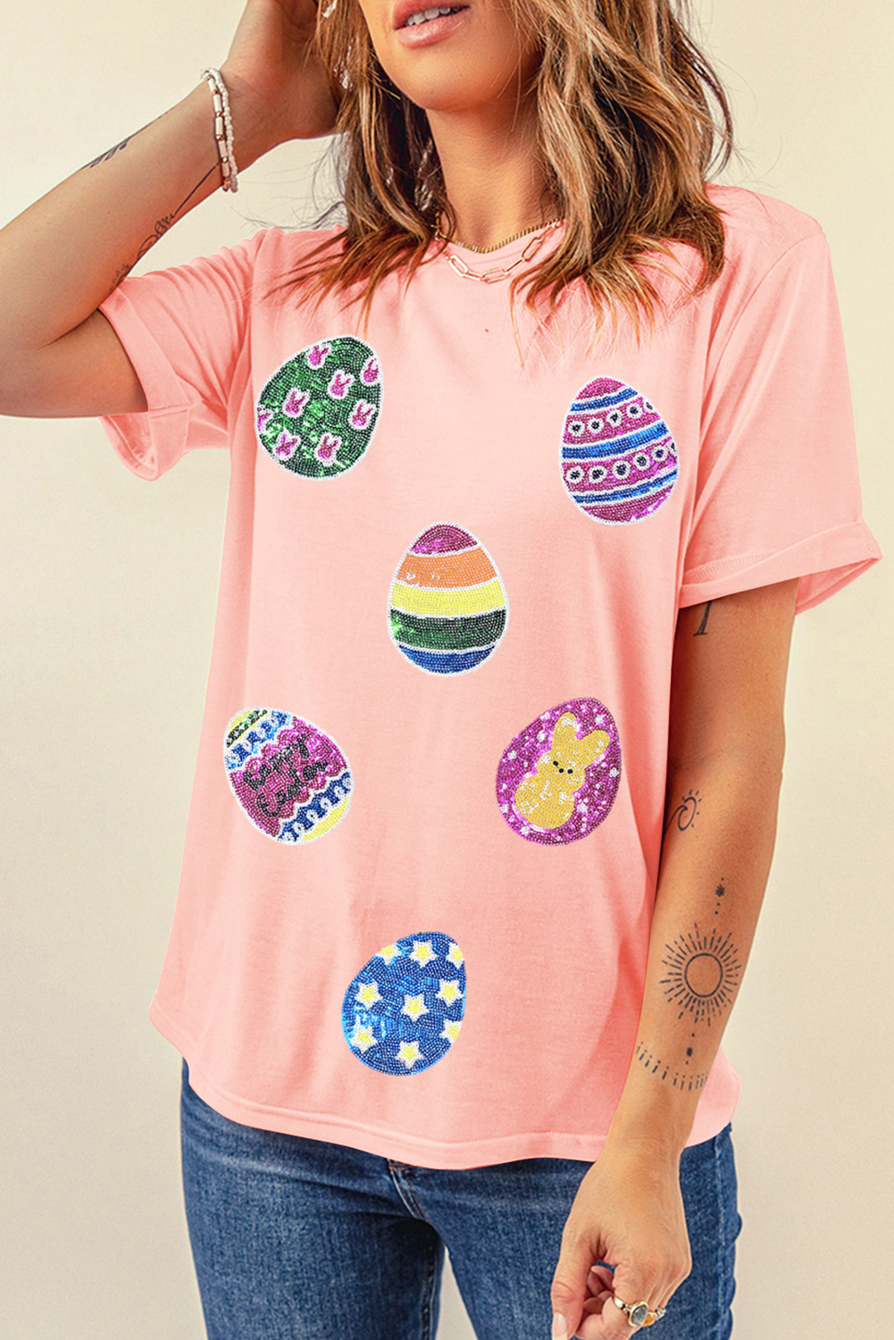 Pink Sequin Easter Eggs Graphic Crewneck T Shirt - loveforevers