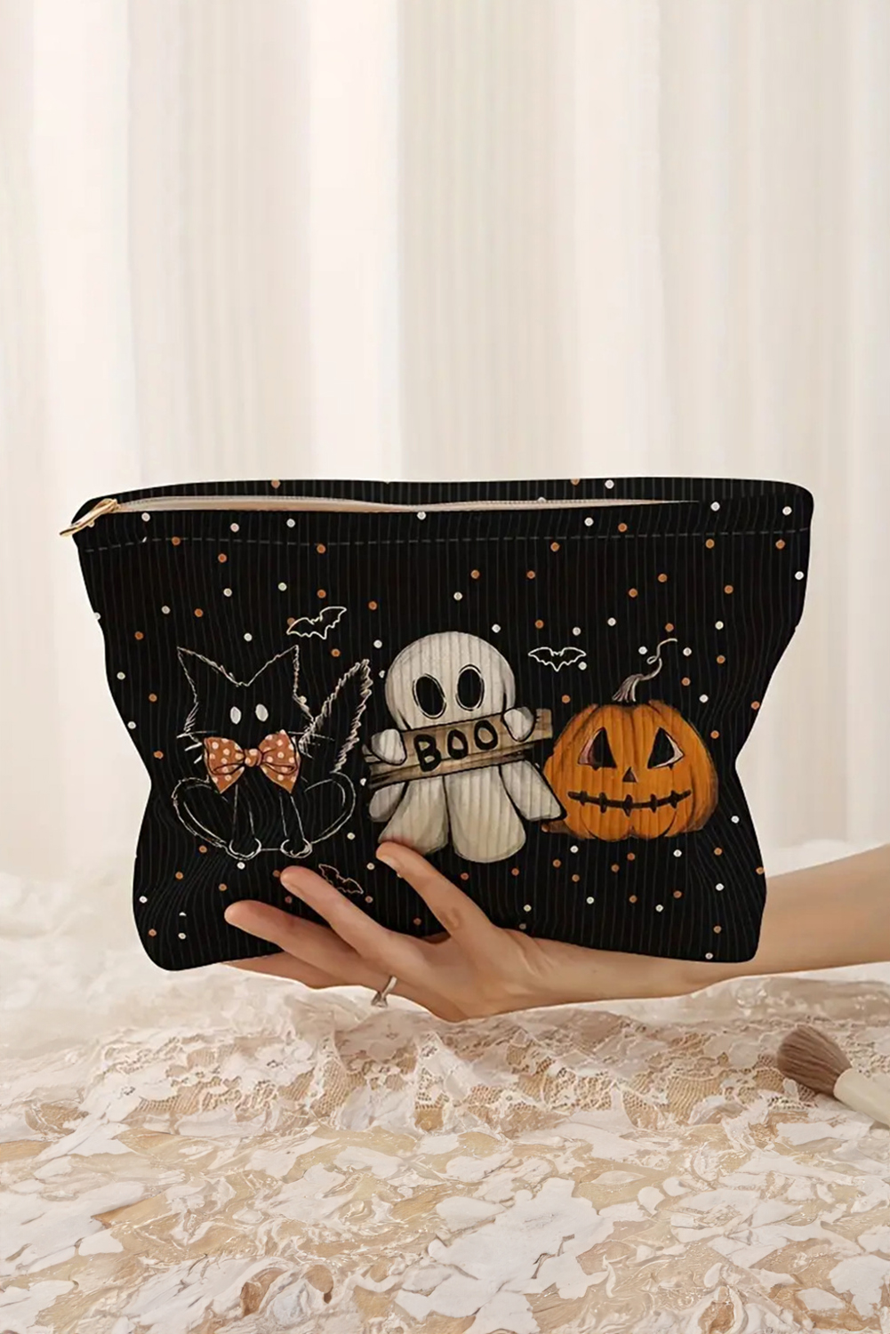 Black Cute Halloween Print Ribbed Makeup Storage Bag - loveforevers