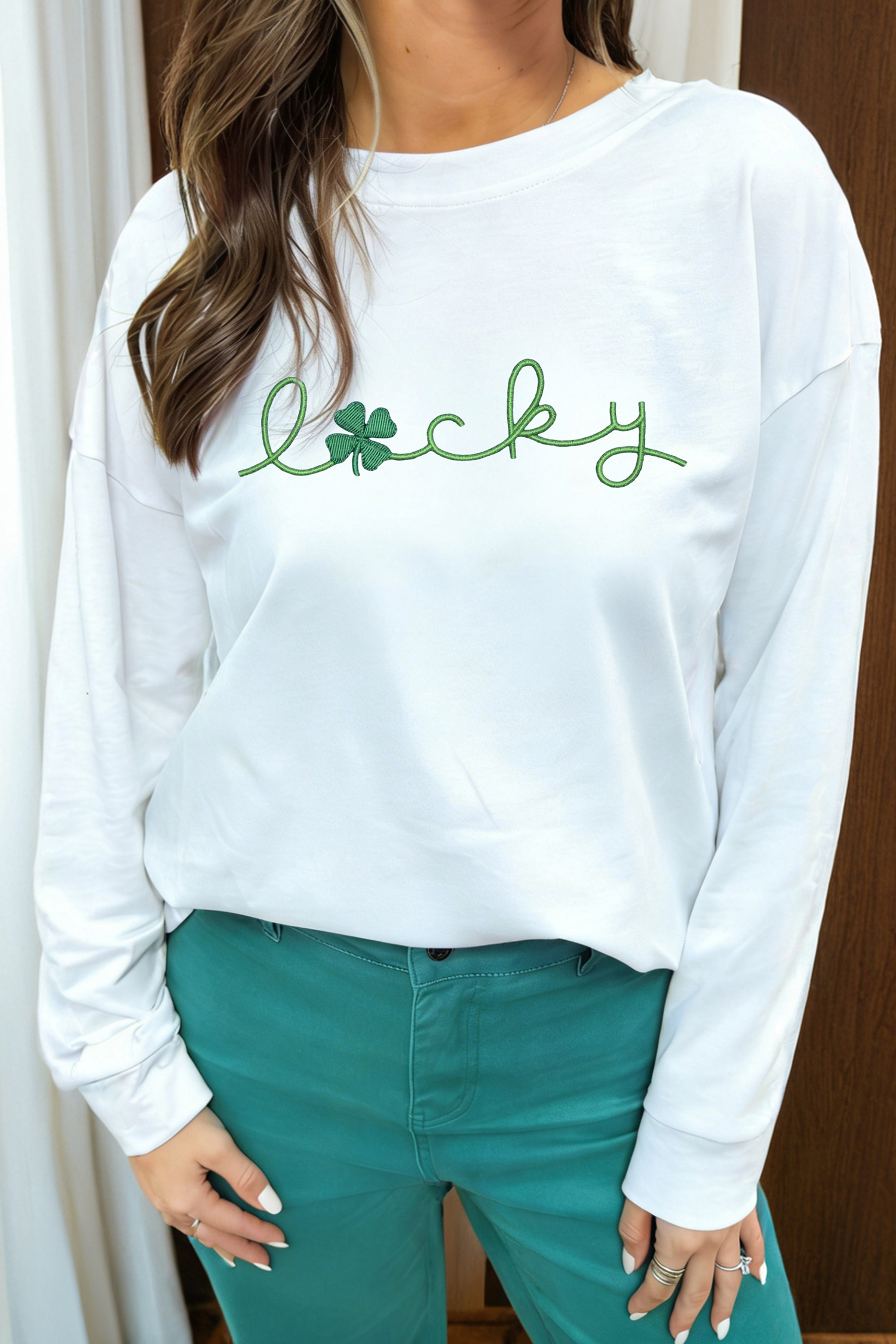 White LUCKY Clover Embroidered Long Sleeve Top - loveforevers